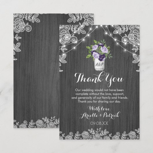 Rustic Mason Jar Paars Silver Grey Floral Wedding Bedankkaart (Voorkant / Achterkant)