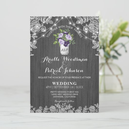Rustic Mason Jar Paars Silver Grey Floral Wedding Kaart (Staand voorkant)