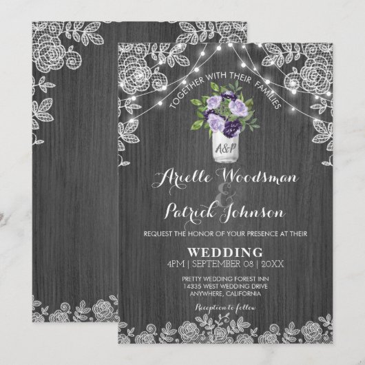 Rustic Mason Jar Paars Silver Grey Floral Wedding Kaart (Voorkant / Achterkant)