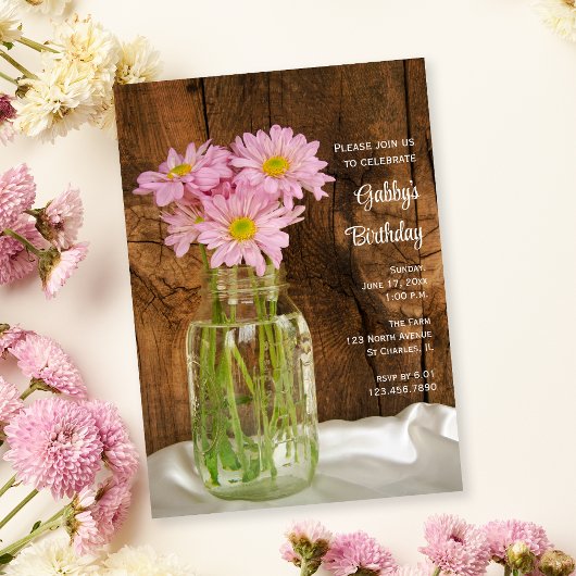 Rustic Mason Jar Pink Daisies Barn Birthday Party Kaart