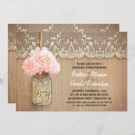Rustic Mason Jar Pink Hydrangea Repetitie Diner Kaart (Voorkant / Achterkant)