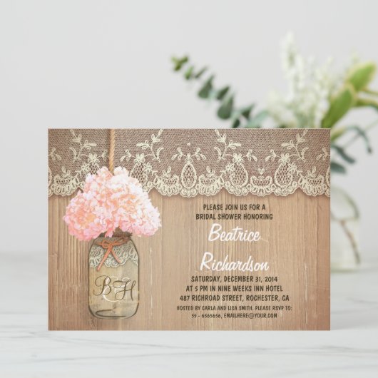 Rustic Mason Jar Pink Hydrangea vrijgezellenfeest Kaart (Staand voorkant)