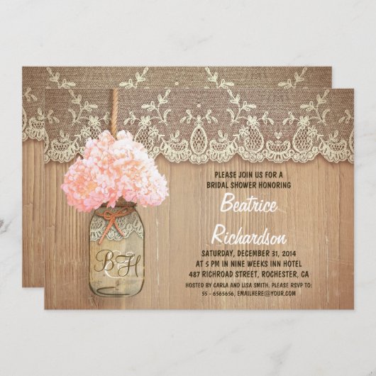 Rustic Mason Jar Pink Hydrangea vrijgezellenfeest Kaart (Voorkant / Achterkant)