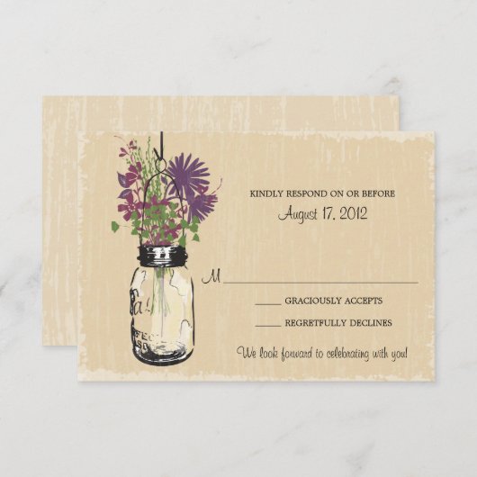 Rustic Mason Jar Purple Flowers Wedding RSVP (Voorkant / Achterkant)