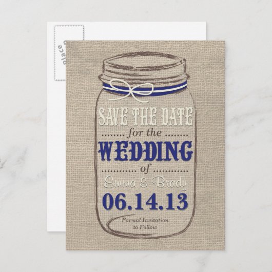 Rustic Mason Jar Red de datum Navy White Aankondigingskaart (Voorkant / Achterkant)