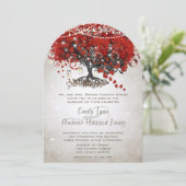 Rustic Mason Jar Red Heart Leaf Tree Wedding Kaart (Staand voorkant)