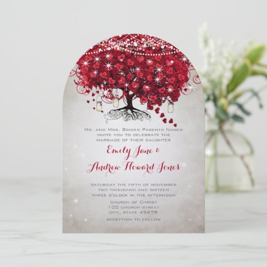 Rustic Mason Jar Red Heart Leaf Tree Wedding Kaart (Staand voorkant)