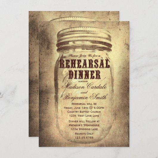 Rustic Mason Jar Rehearsal Dinner Invitations Kaart (Voorkant / Achterkant)