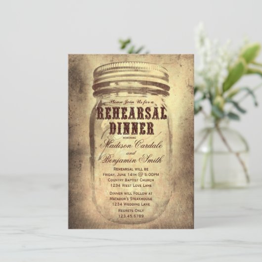 Rustic Mason Jar Rehearsal Dinner Invitations Kaart (Staand voorkant)