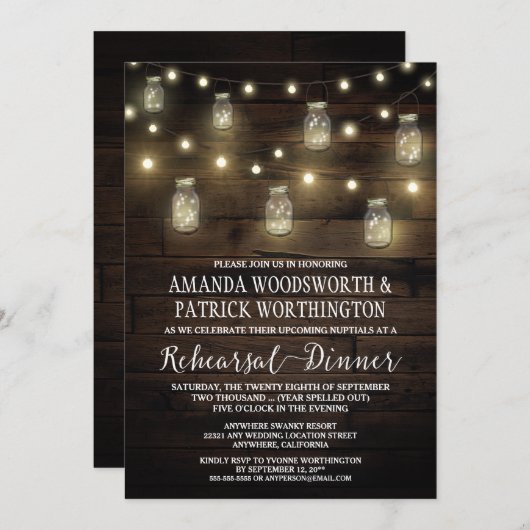 Rustic Mason Jar Rehearsal Dinner Invitations Kaart (Voorkant / Achterkant)
