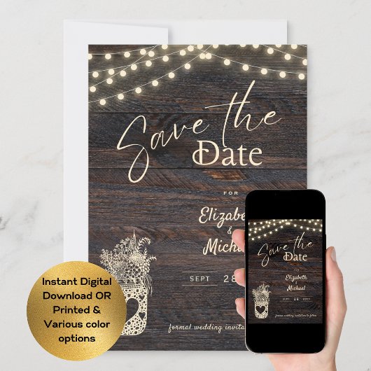 Rustic Mason Jar Save the Date Digital and Printed Kaart
