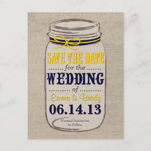 Rustic Mason Jar Save the Date Gele Marine Aankondigingskaart