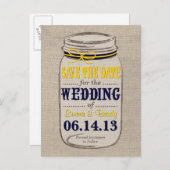 Rustic Mason Jar Save the Date Gele Marine Aankondigingskaart (Voorkant / Achterkant)