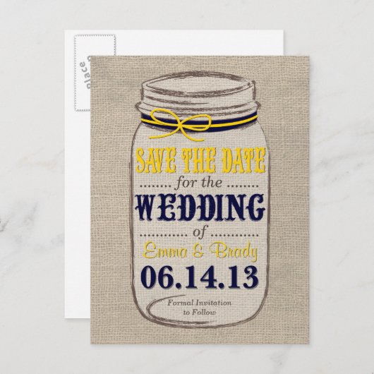 Rustic Mason Jar Save the Date Gele Marine Aankondigingskaart (Voorkant / Achterkant)