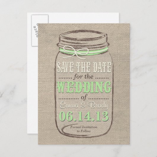 Rustic Mason Jar Save the Date Lichtgroen Aankondigingskaart (Voorkant / Achterkant)