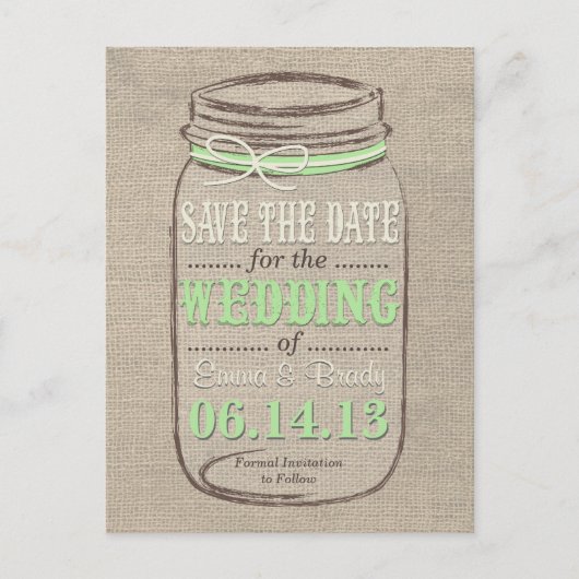 Rustic Mason Jar Save the Date Lichtgroen Aankondigingskaart (Voorkant)