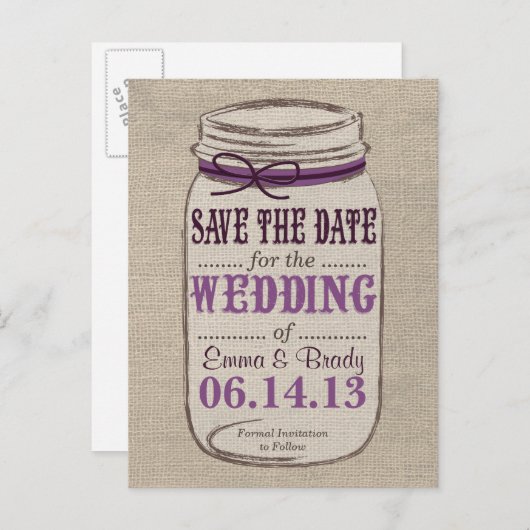 Rustic Mason Jar Save The Date Purples Aankondigingskaart (Voorkant / Achterkant)