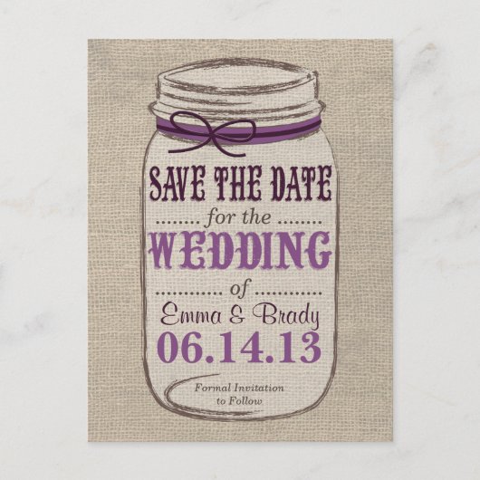 Rustic Mason Jar Save The Date Purples Aankondigingskaart (Voorkant)