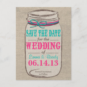 Rustic Mason Jar Save the Date Roze Blauwgroen Aankondigingskaart