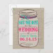 Rustic Mason Jar Save the Date Roze Blauwgroen Aankondigingskaart (Voorkant / Achterkant)