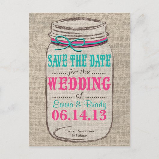 Rustic Mason Jar Save the Date Roze Blauwgroen Aankondigingskaart (Voorkant)