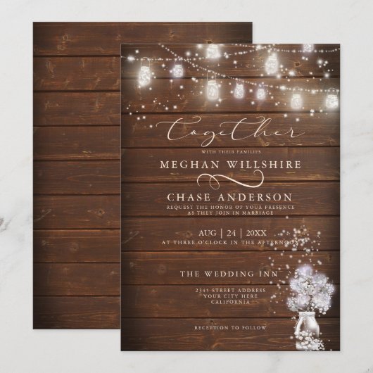 Rustic Mason Jar String licht de BarefootBride™ Kaart (Voorkant / Achterkant)