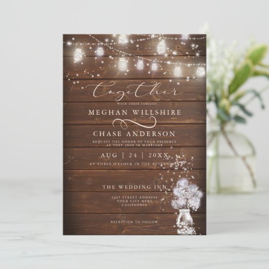 Rustic Mason Jar String licht de BarefootBride™ Kaart (Staand voorkant)