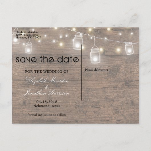 Rustic Mason Jar string lichten sparen de Datum fo Aankondigingskaart (Achterkant)