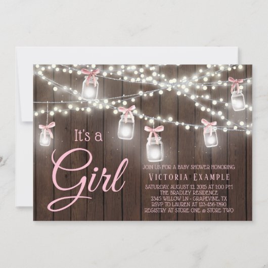 Rustic Mason Jar String Light Baby Girl Shower IV Kaart (Voorkant)