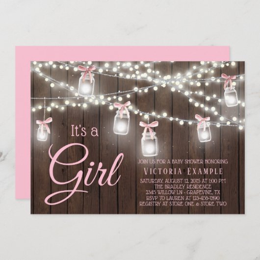 Rustic Mason Jar String Light Baby Girl Shower IV Kaart (Voorkant / Achterkant)