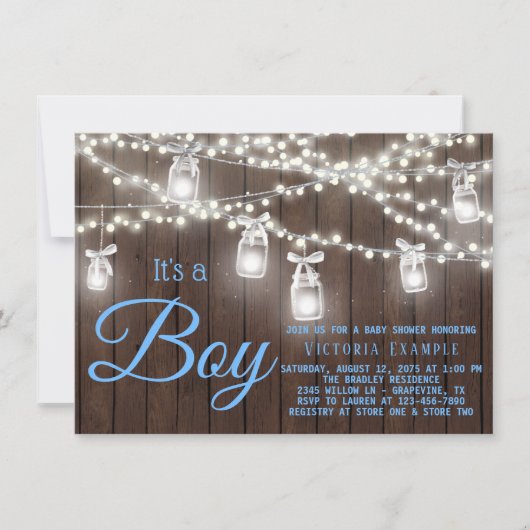Rustic Mason Jar String Light Baby Shower Kaart (Voorkant)