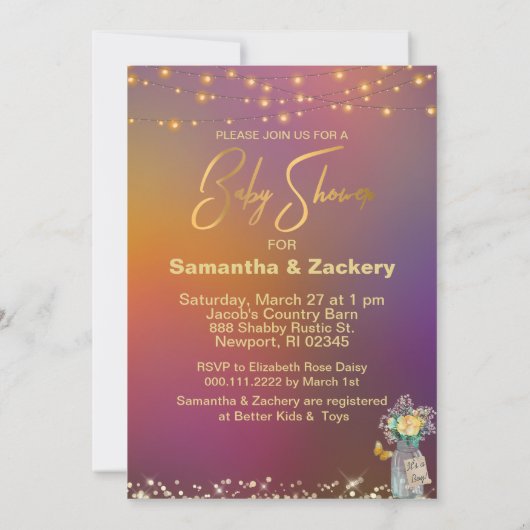 ** Rustic Mason Jar String Lights Baby shower Kaart (Achterkant)