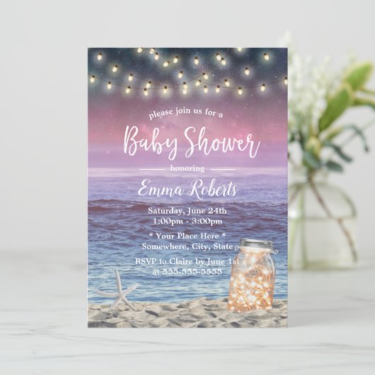 Rustic Mason Jar String Lights Beach Baby shower Kaart (Staand voorkant)