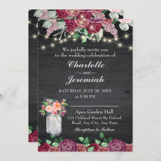 Rustic Mason Jar String Lights Burgundy Wedding Kaart (Voorkant / Achterkant)