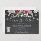 Rustic Mason Jar String Lights Burgundy Wedding Save The Date (Voorkant)
