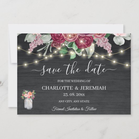 Rustic Mason Jar String Lights Burgundy Wedding Save The Date (Voorkant)