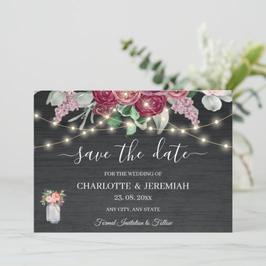 Rustic Mason Jar String Lights Burgundy Wedding Save The Date (Staand voorkant)