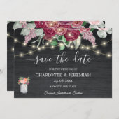 Rustic Mason Jar String Lights Burgundy Wedding Save The Date (Voorkant / Achterkant)