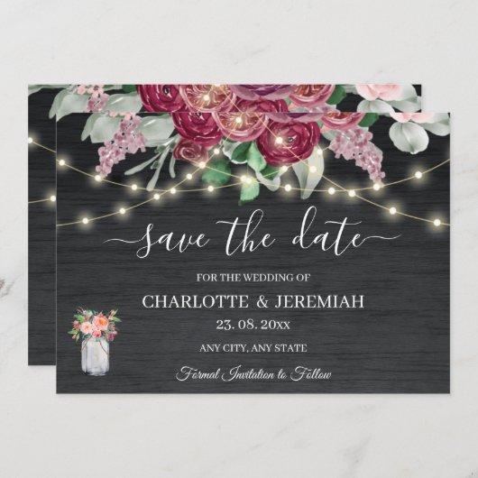 Rustic Mason Jar String Lights Burgundy Wedding Save The Date (Voorkant / Achterkant)