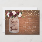 Rustic Mason Jar String Lights Floral Burgundy Save The Date (Voorkant)