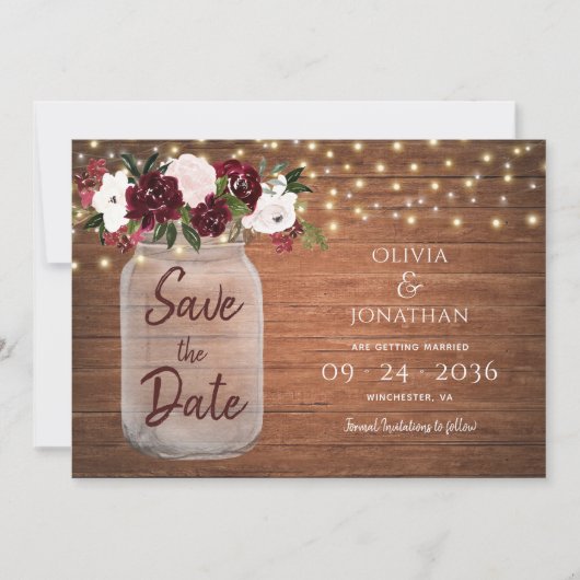 Rustic Mason Jar String Lights Floral Burgundy Save The Date (Voorkant)