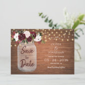 Rustic Mason Jar String Lights Floral Burgundy Save The Date (Staand voorkant)