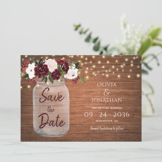 Rustic Mason Jar String Lights Floral Burgundy Save The Date (Staand voorkant)