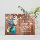 Rustic Mason Jar String Lights Floral Wedding Kaart (Staand voorkant)