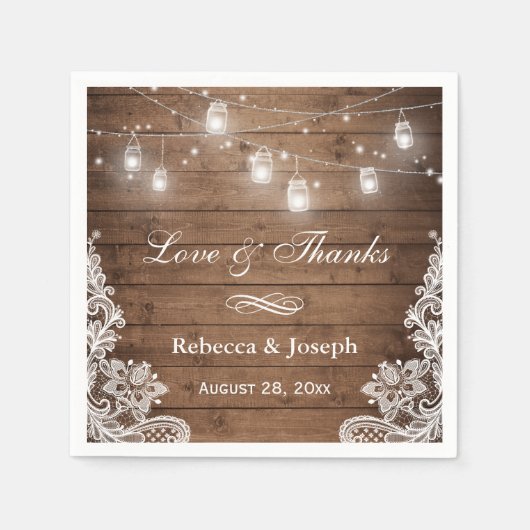 Rustic Mason Jar String Lights Lace Love Bedankt Servetten (Voorkant)