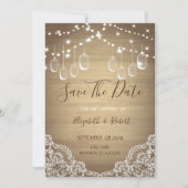 Rustic Mason Jar, String Lights, Lace sparen de da Save The Date (Voorkant)