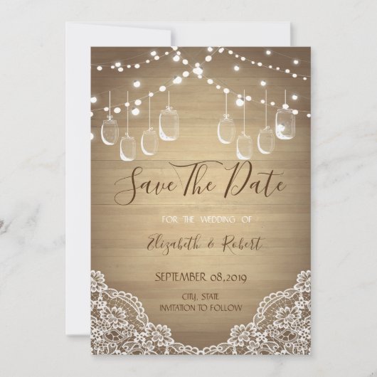 Rustic Mason Jar, String Lights, Lace sparen de da Save The Date (Voorkant)