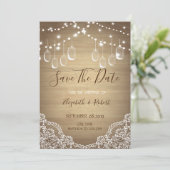 Rustic Mason Jar, String Lights, Lace sparen de da Save The Date (Staand voorkant)