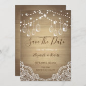 Rustic Mason Jar, String Lights, Lace sparen de da Save The Date (Voorkant / Achterkant)