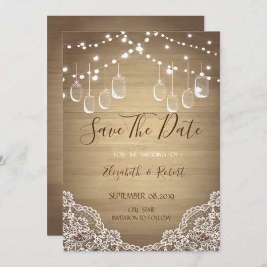 Rustic Mason Jar, String Lights, Lace sparen de da Save The Date (Voorkant / Achterkant)